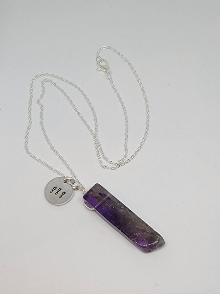 Amethyst pendant with hand stamped angel number 888 charm