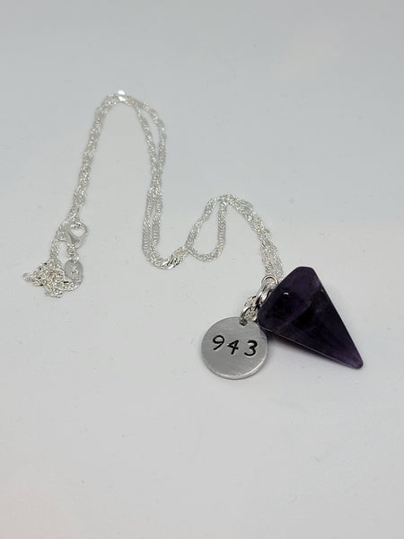 Amethyst pendulum pendant with hand stamped angel number 943 charm