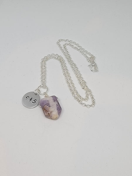 Small Amethyst pendant with hand stamped angel number 945 charm