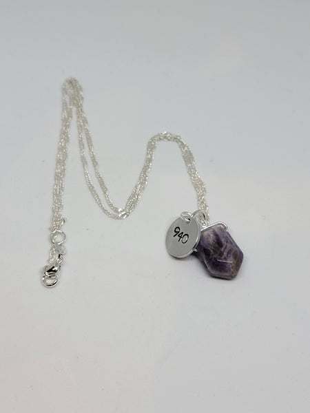 Amethyst pendant with hand stamped angel number 940 charm