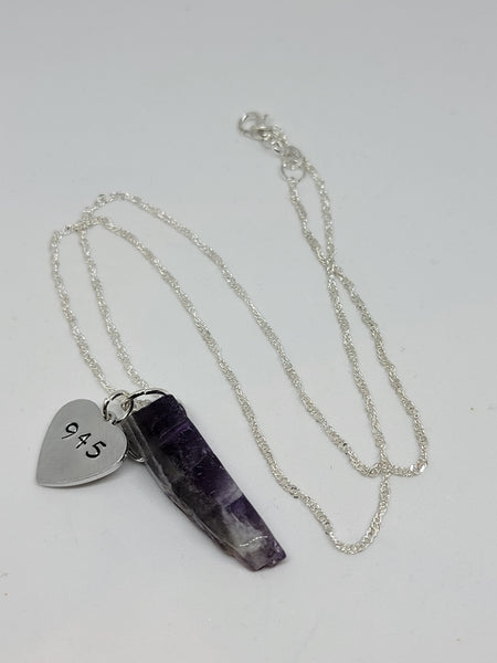 Amethyst pendant with hand stamped angel number 945 charm