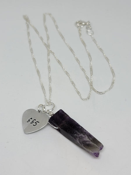 Amethyst pendant with hand stamped angel number 665 charm